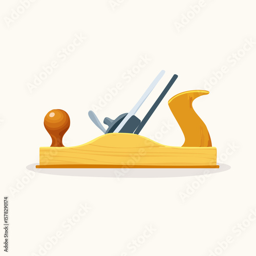 Detailed Illustration of a Classic Woodworking Hand Plane with a Wooden Body