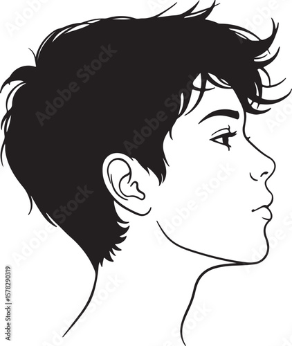 Black and white vector illustration of a beautiful boy face in profile, smooth hair flowing, elegant and minimal style, white background Adobe Illustrator Artwork