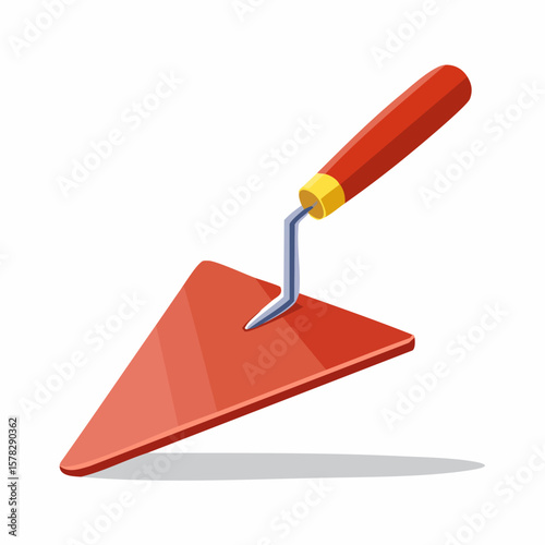Detailed Isometric Illustration of a Red Trowel with Wooden Handle
