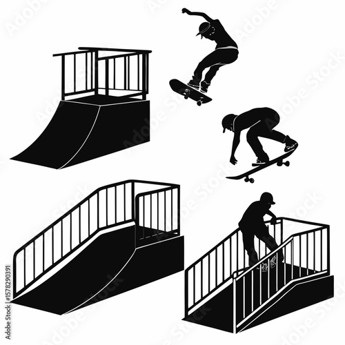Black silhouettes of skatepark ramps and skateboarders performing tricks skateboarding