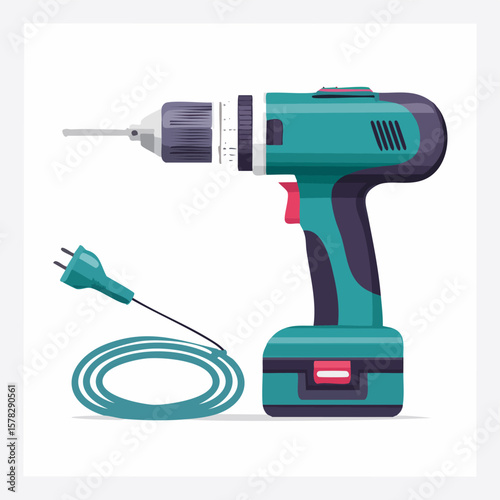 Detailed Illustration of a Teal Cordless Drill with Plug and Cord.