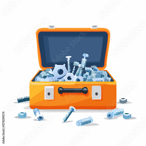 Open Toolbox Overflowing with Assorted Screws, Bolts, and Fasteners