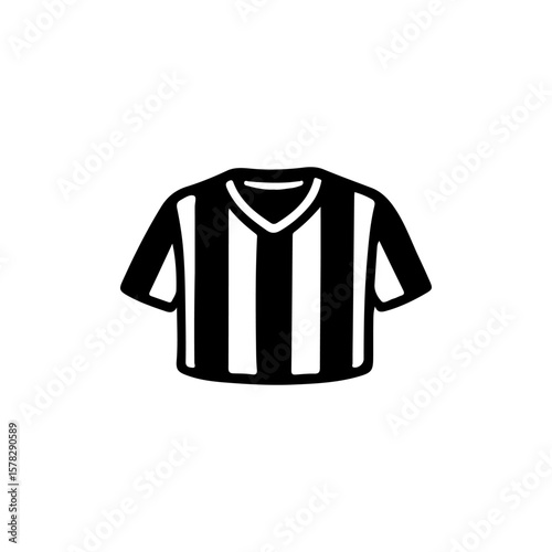 Black and white vector illustration of a referee jersey with vertical stripes. Hand-drawn doodle style. Ideal for football and sports-related designs, match organization, rules