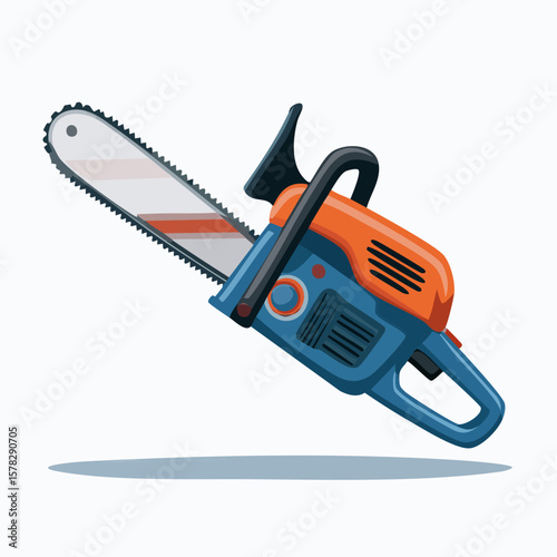 Angled Blue and Orange Chainsaw with Sharp Blade and Handle