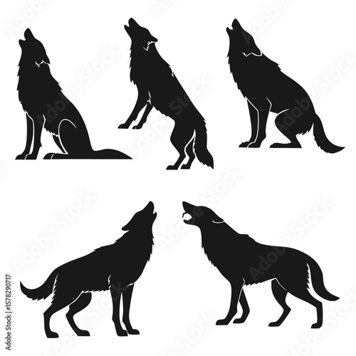 Black wolf silhouettes howling and standing vector