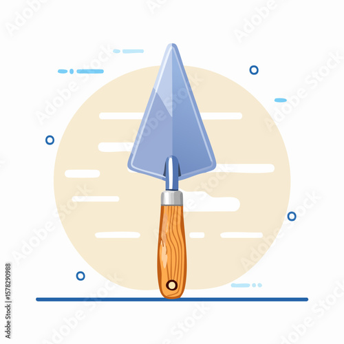 Detailed Illustration of a Blue Trowel with Wooden Handle and Decorative Elements.
