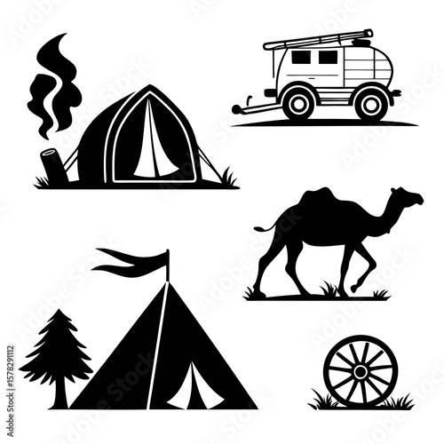 Caravan tent camel tree wagon wheel camping black white