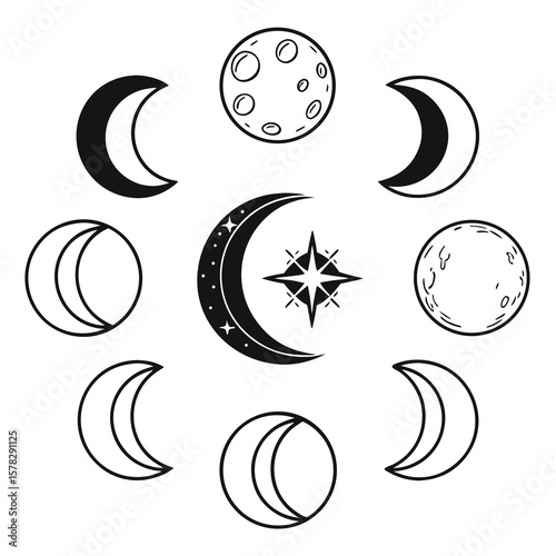 Celestial bodies crescent full moon phases and star crescent moon new moon