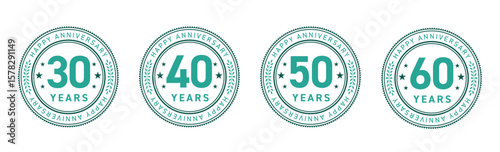 30周年・40周年・50周年・60周年のフラットなアニバーサリーメダルロゴセット（周年記念 ロゴマーク ベクター）

