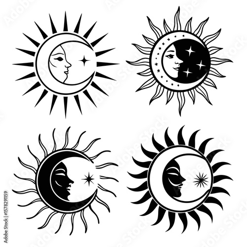 Celestial sun and moon faces with star accents stars