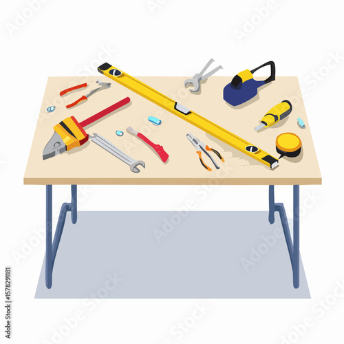 Assortment of Tools Arranged on a Wooden Tabletop for Construction.