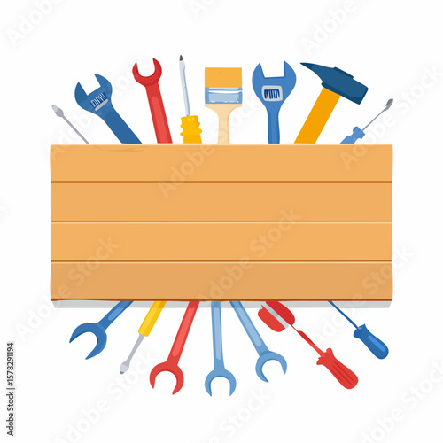 Assorted Tools Arranged Around a Wooden Plank for Construction and Repair.