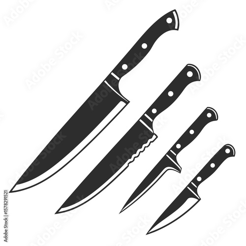 Collection of four black kitchen knife silhouettes of varying sizes kitchen knives