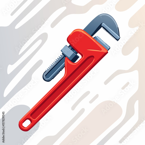 Vibrant Red Pipe Wrench with Detailed Teeth and Adjustable Jaw.