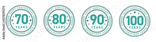 70周年・80周年・90周年・100周年のフラットな記念メダルロゴセット（円形 YEARS 長寿 ベクター）

