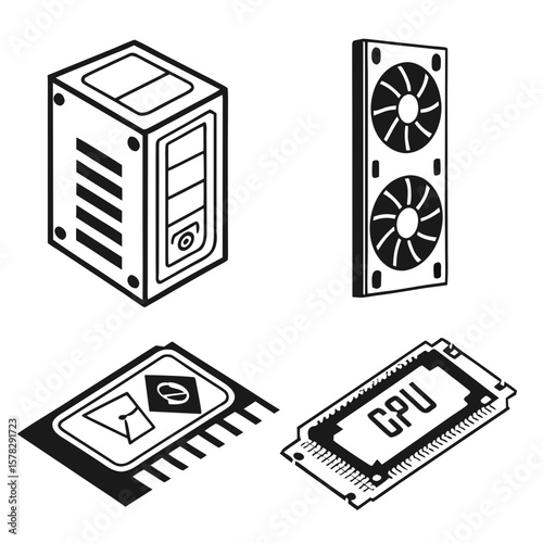 Computer hardware components isometric icons graphics card