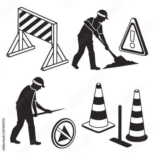 Construction workers and safety equipment silhouettes traffic