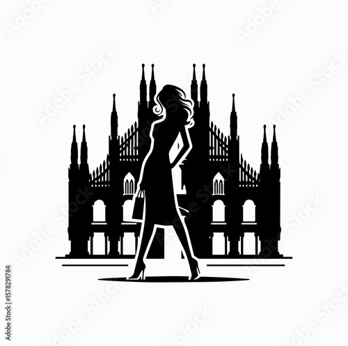 Minimalist Black Vector Logo of Duomo Milan with Fashion Model Silhouette Isolated on White Background