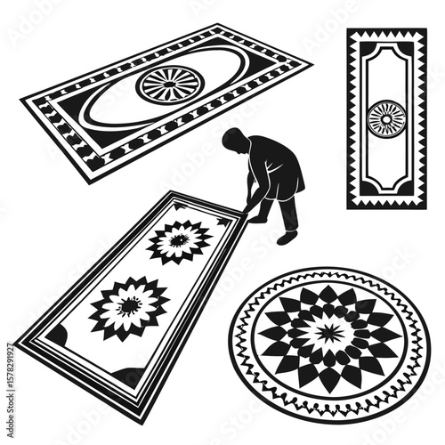 Decorative carpet and rug border patterns with person silhouette