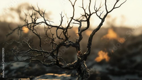 Burnt tree surviving in a desolate landscape at sunset