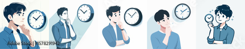 VECTOR IMAGE OF YOUNG MAN LOOKING AT CLOCK ON WHITE BACKGROUND