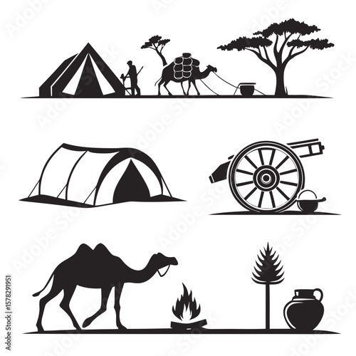 Desert caravan journey with camel tent and campfire travel