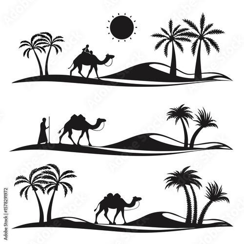 Desert caravan palm trees sun silhouette camel rider