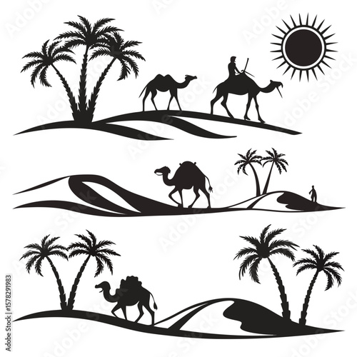 Desert caravan palm trees sun silhouette camels