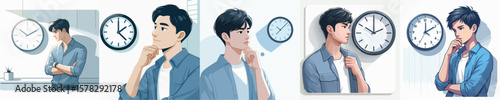 VECTOR IMAGE OF YOUNG MAN LOOKING AT CLOCK ON WHITE BACKGROUND