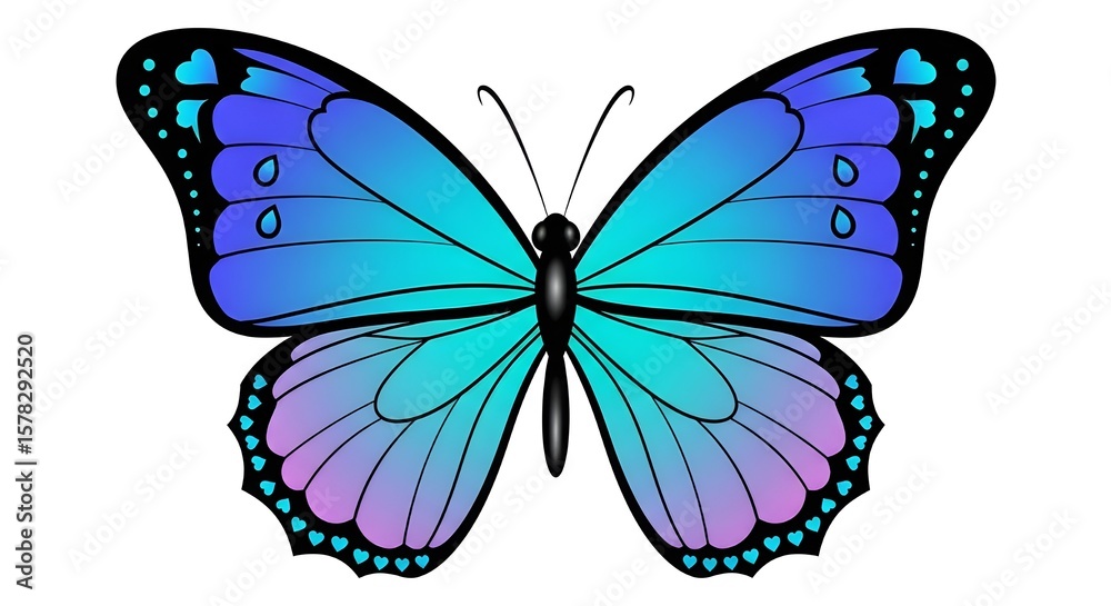 Fototapeta premium Playful blue butterfly illustration featuring heart shapes, scalloped edges, and vibrant gradient wings in shades of teal, purple, and blue — isolated on a transparent background.