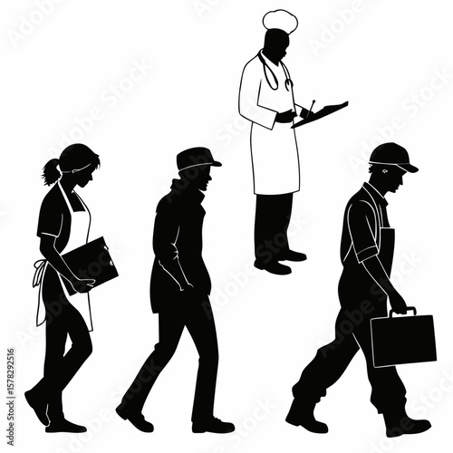 Diverse professions represented by black silhouettes on white background doctor chef