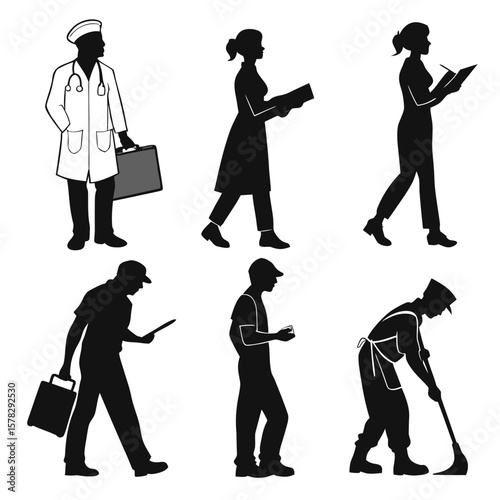 Diverse professions depicted in black and white silhouettes doctor nurse