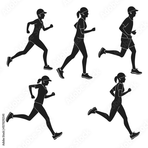 Diverse runners in motion black silhouettes running fitness