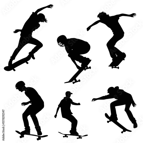 Diverse skateboarders performing aerial tricks and maneuvers skateboarding silhouettes