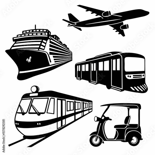 Diverse transport modes airplane ship train tuk transportation