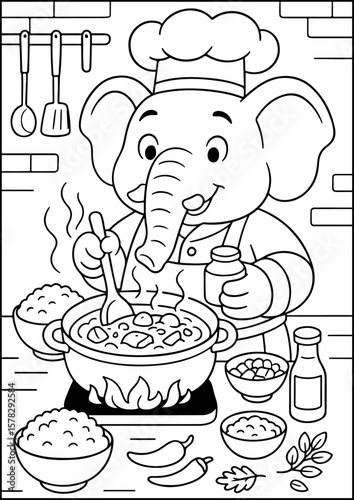 coloring page, This gentle elephant chef prepares aromatic curry with jungle spices.