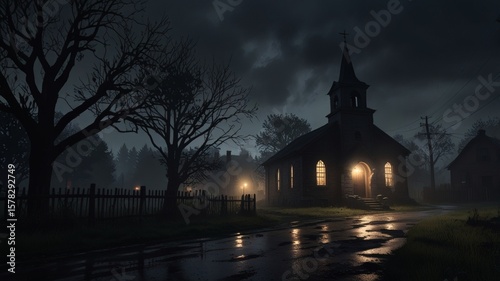 Moody Night Scene with Illuminated Church, Wet Road Reflection, and Bare Trees under Stormy Skies