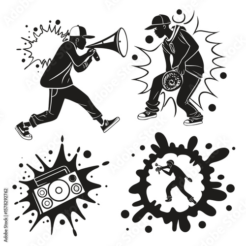 Dynamic black ink splashes with hip hop dancers and boombox music street art