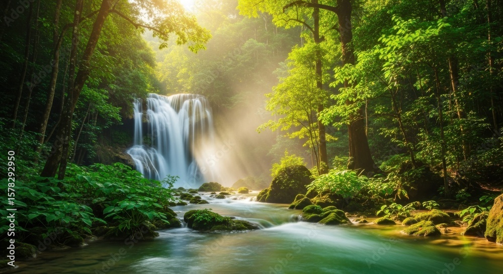Obraz premium Enchanting Waterfall Serenity in a Lush Tropical Rainforest with Sunbeams