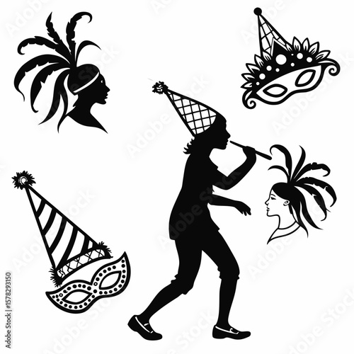Festive silhouettes of masked figures and party hats carnival celebration