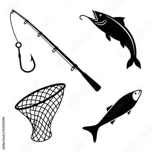 Fishing rod hook net and leaping fish silhouettes vector