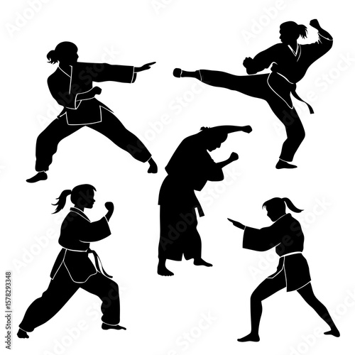 Five figures performing martial arts stances karate kung fu
