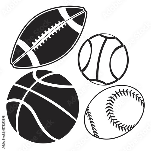 Football basketball baseball and tennis ball silhouettes sports balls