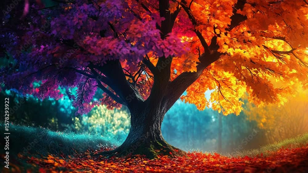 Colorful tree showing transition from summer to autumn with fallen leaves