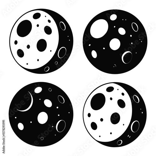 Four cratered moon silhouettes with crescent phases lunar craters