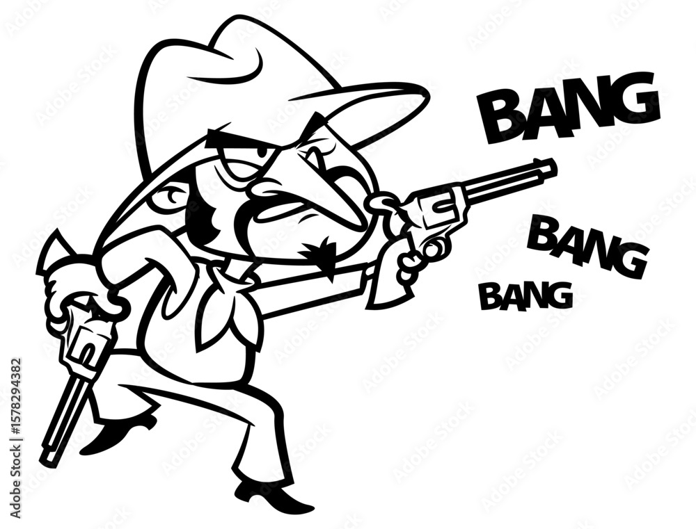Fototapeta premium A Cowboys fight at the saloon and shooting with revolver. Best for outline, logo, and coloring book with wild west themes