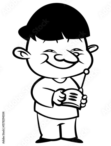 Man playing with a remote control, wanna press the button and launch a missile. Best for outline, logo, and coloring book with world war themes