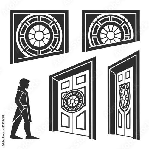 Futuristic doorways and portal designs with a person sci fi abstract