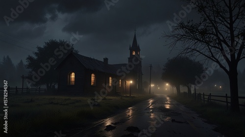 Stormy Night Church Scene with Wet Road Reflection, Glowing Windows, and Dark Forest Backdrop