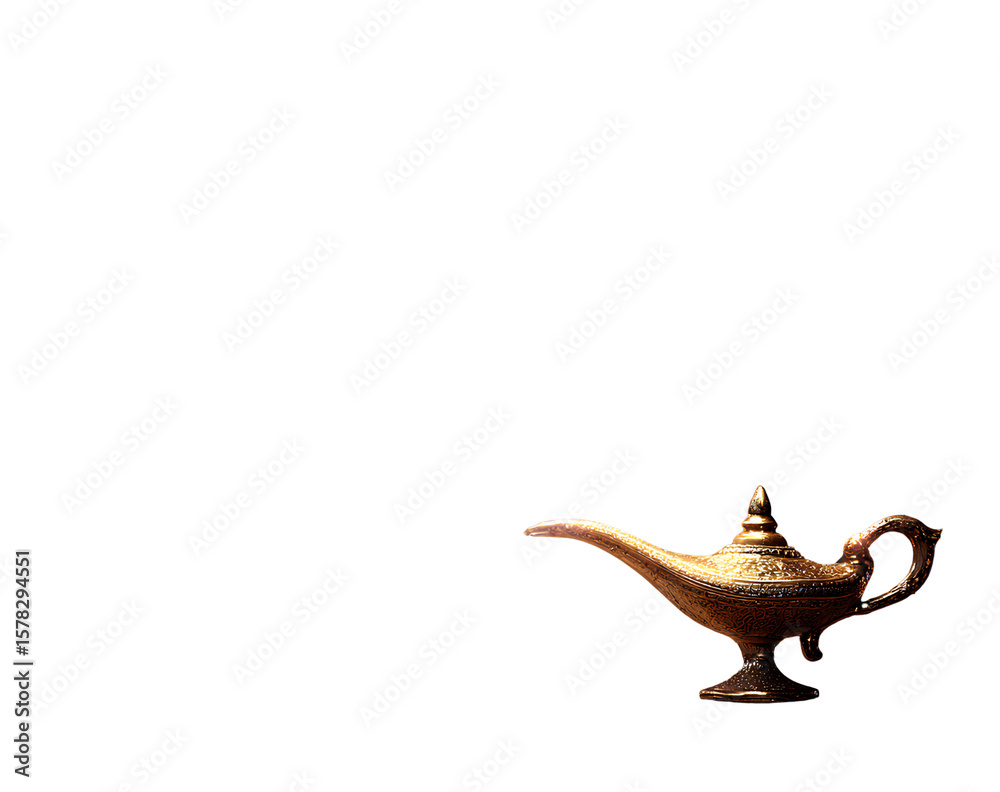 Obraz premium Floating Golden Genie Lamp with Purple Mist and Glittering Sparks, Isolated PNG